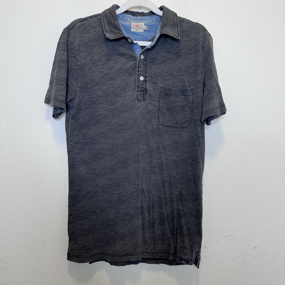 Faherty Brand Mens Small Gray Indigo Dyed Slub Cotton Short Sleeve Polo Shirt
